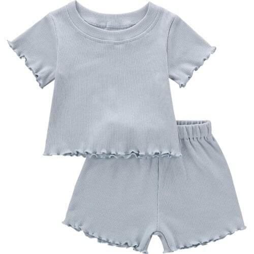 2Pcs Toddler Summer Suit Solid Color Ribbed O-Neck Short Sleeves Tops+Elastic Waist Shorts Outfits for 1-5 Years Girls Boys