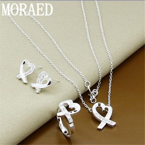 Hot Sale Silver 925 Jewelry Set Simple Love Heart Zircon Necklace Earrings Rings Set For Women Charm Jewelry