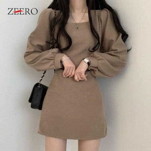Korean Ladies Autumn Black Square Collar Mini Dress Elegant Women Long Lantern Sleeve Slim Party Dress Plus Size Casual Dresses