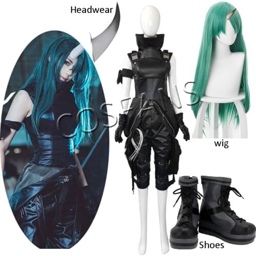 Game Arknights Hoshiguma Uniform Cosplay Costume Leather Jumpsuits Suit With Horn Halloween women men Cosplay Wig shoes headwear