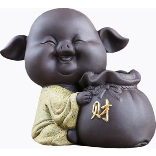 Cute Piggy Statue Tea Figurine Boutique Purple Clay Tea Pet Desktop Flower Pot Ornament Handmade Tea Set Accessories Crafts