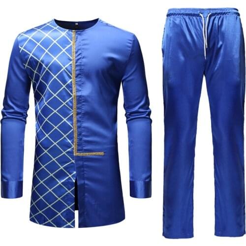 Men African Clothes Hipster African Dashiki Print Satin Top Pant Set 2 pieces Outfit Set Streetwear African Suit Africa Clothing