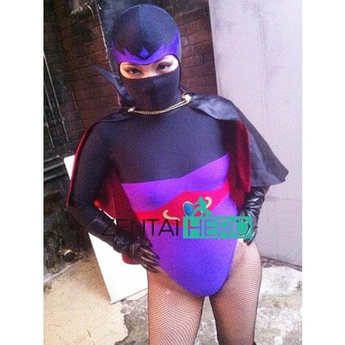 New Arrival Womens Spandex Bodysuits Black/Purple Villain Lady Hero Zentai Catsuit Lycra Movie Leotard Open Eyes