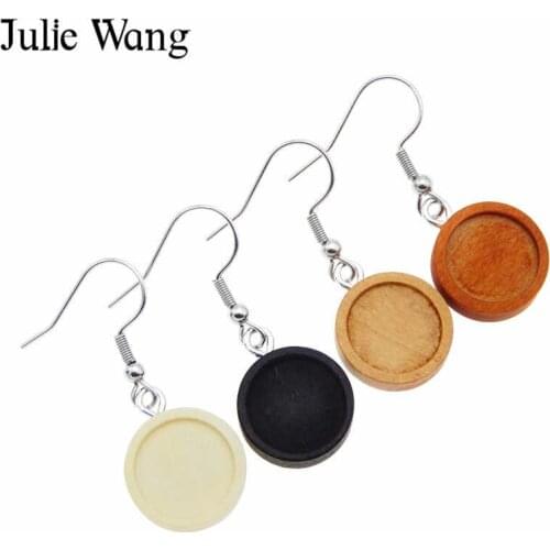 Julie Wang 4 Pairs Wood Cabochon Base Settings Stainless Steel Ear Hooks Blank Tray Earring Jewelry Making Accessory Inner 12mm