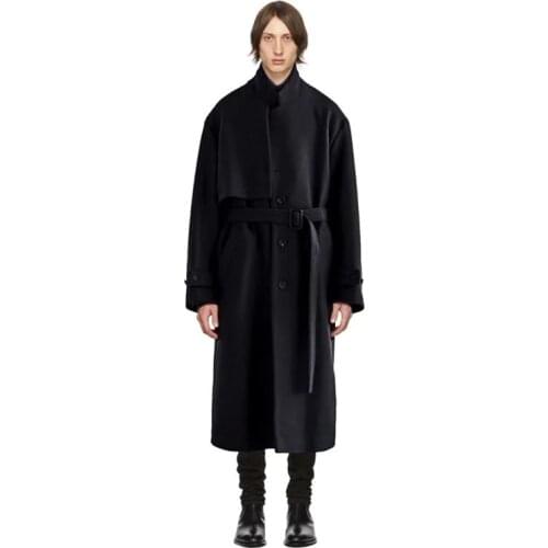 Autumn and winter new mens lapel solid color city function outline coat belt buckle design woolen coat