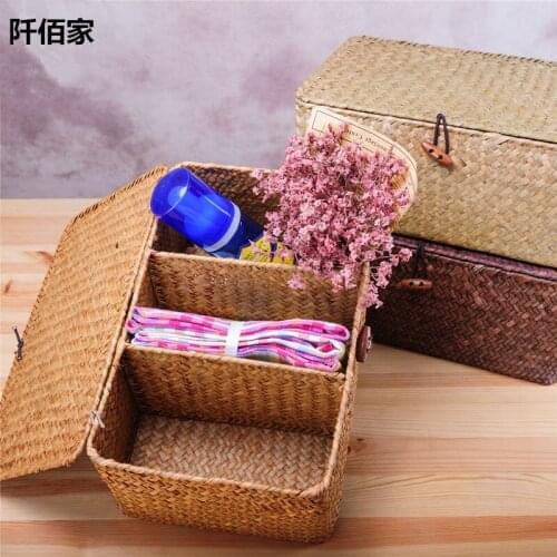 3 Grid Sisal Hand Woven Basket With Cover Desktop Jewelry Cosmetic Sundries Rattan Storage Container Holder Box Home Decor