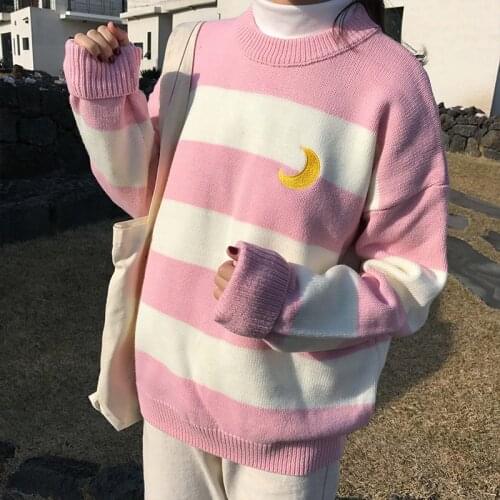 Womens Sweaters Kawaii Ulzzang College Candy Color Stripes Moon Sets Embroidery Sweater Female Harajuku Clothing For Women Lady
