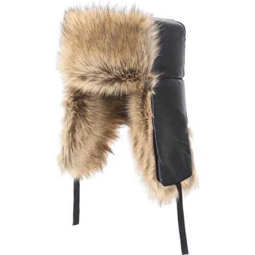 Warm Ushanka Russian Hat Mens Winter Faux Fur Hat with Ear Flats Windproof Thermal Cold Weather Skiing Hunting Black Brown 58cm