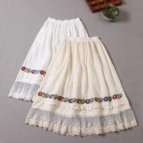 Japan Style Mori Girl Embroidered Skirt Loose Solid Color Lace Mesh A-line Midi Skirt