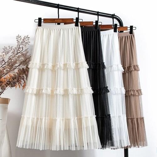 Women New Sweet Cake Layered Long Tulle Skirts High Waist Ruffled Tulle Pleated Skirt Spring Autumn Female Fairy Skirt