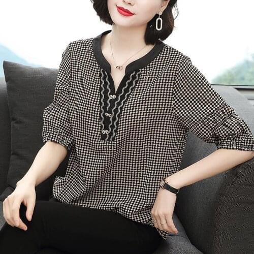 Women Spring Summer Blouses Shirts Lady Casual Loose Style V-Neck Half Lantern Sleeve Plaid Printed Blusas Tops
