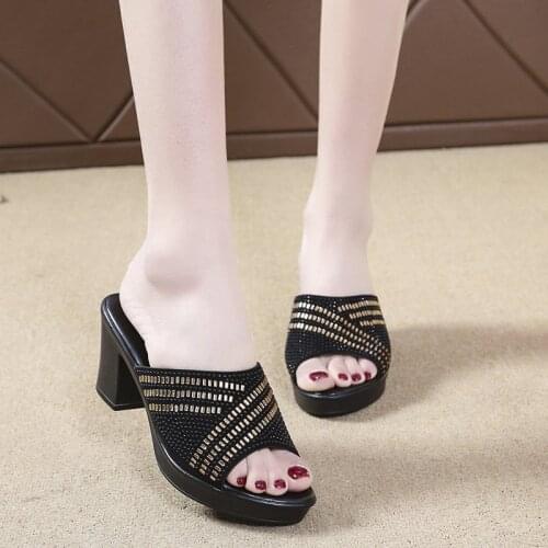 Low Shoes Woman 2021 House Slippers Platform Heeled Mules Luxury Slides Jelly Flip Flops Pantofle Female Tap Peep Toe High Desig