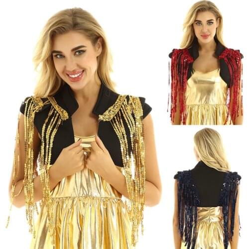 Women Contemporary Hip-Hop Jazz Dance Cropped Vest Ladies Sequins Scarf Cape Tassels Dj Rock Singers Dancing Vest Costume