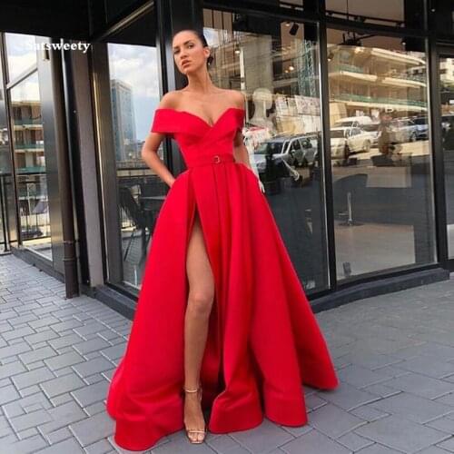 Off The Shoulder Sexy Prom Dresses With Pockets Red Vestidos De Formal Women Formal Front Split Satin Evening Party Gowns