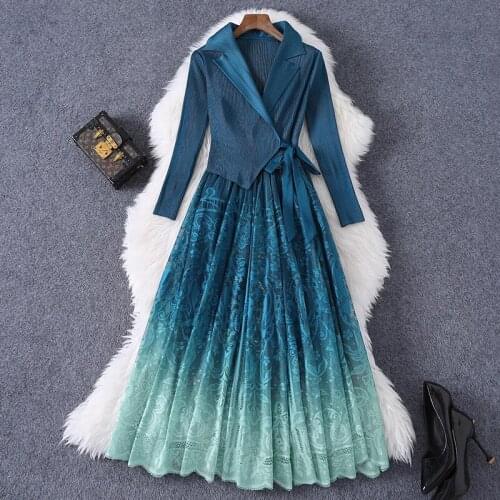 2021 Spring New Womens Long-Sleeved Suit Collar Pleated Mesh Stitching Lace Dress Lace-up Gradient Dress 8a735