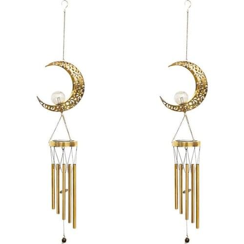 Hanging Garden Solar Lights Wind Chimes Outdoor Retro Brass Metal Moon Crackle Glass Globle Warm LED Moon Lights- 2 Pack