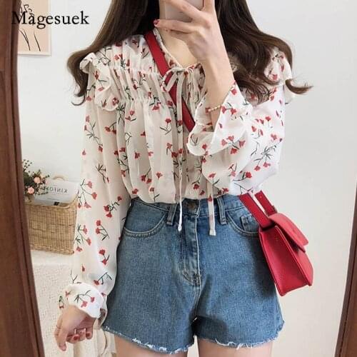 2021 New Spring Korean Style Chiffon Puff Long Sleeve Blouse Women Office Floral Button Cardigan Shirt Women Blusas 10408