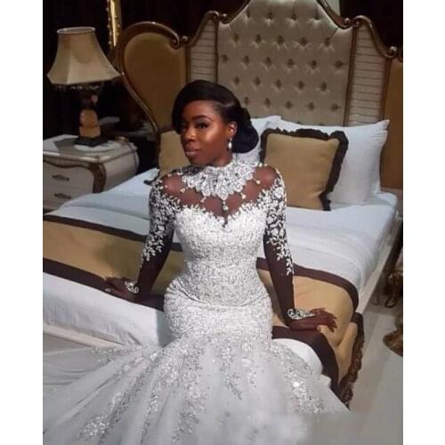 African Mermaid Long Sleeves Luxury White lace Wedding Dress Plus Size Wedding Gown Bridal 2020 Vintage