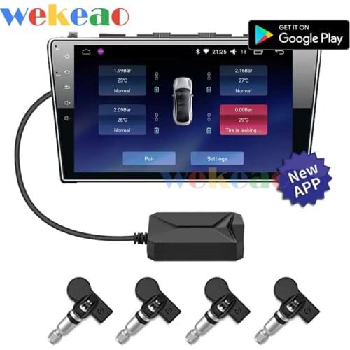 Wekeao USB Car TPMS Auto Security Alarm System Tire Pressure Monitoring with 4 Internal and External Sensors for Car Radio