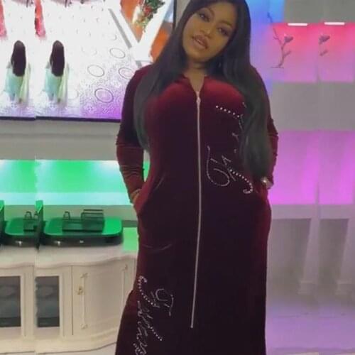 Velvet Diamonds African Dresses For Women Winter Spring Africa Clothing Muslim Long Sleeve Maxi Dress High Quality Fashion Dress