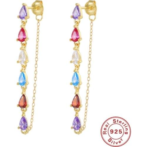 BOAKO 925 Sterling Silver Gold Colorful Oval Zircon CZ Chain Dangle Earrings Jewel Long Line Crystal Piercing Ohrringe Pendiente