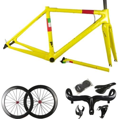 C64 Road Frame Yellow UD Full Carbon Fiber Road Bike Frames Bicycle Frameset Wheelset 50mm With Novatec A271 Hubs