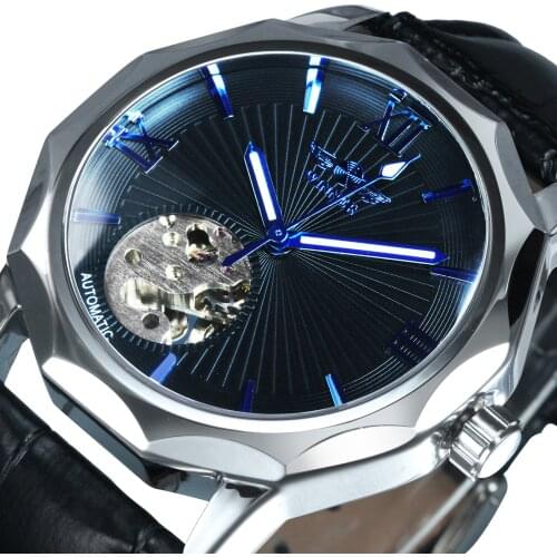 Winner Blue Ocean Geometry Design Transparent Skeleton Dial Mens Watches Top Brand Luxury Automatic Simple Mechanical Watch Men