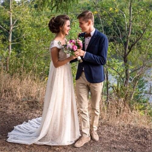 Elegant Wedding Dress Lace Applique Beaded Cap Sleeves Custom made A Line Plus size Wedding Gown