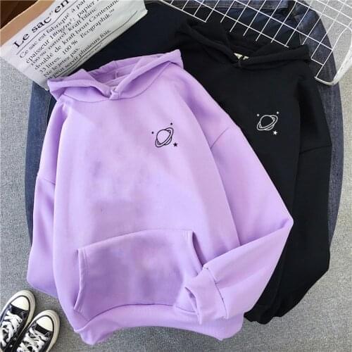 Fleece Spring and Autumn Womens Cute Saturn Simple Print Hooded Womens Thickening Warm Hoodie Womens Autumn Tops Sweatshirt