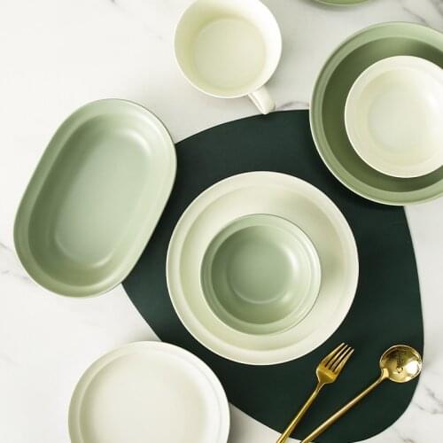 Nordic ceramic bowls and plates household Korean style fruit salad bowl light luxury party plates matte green soup bowls