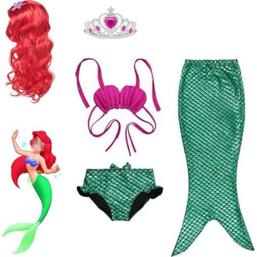 Summer Costume 3-5pcs Girl Child Birthday Holiday cosplay Mermaid Tail Cos Bikini Set Swimsuit 2-12Y+Wig headwear
