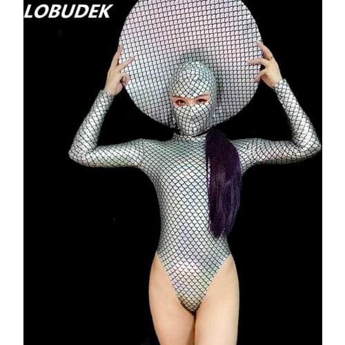 Laser Fish Scale Patterns Mermaid Bodysuit Mysterious Masked Big Headgear Female Stage Outfit Dance Team Costume Club Leotard