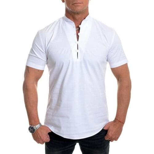 Men Shirt Solid Color Slim Summer Short Sleeve Stand Collar Top for Dating