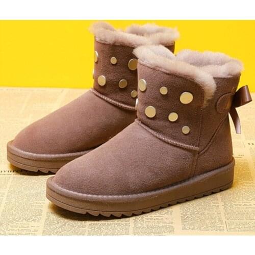 2021 New Winter Genuine Leather Boots Wool All-in-one Snow Boots Cotton Mid-tube Winter Martin Boots Bow Knot Womens Shoes