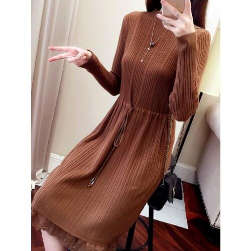 2018 autumn winter new lace knitted bottoming skirt long autumn winter sweater slim slim knee dress