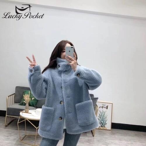 Women Winter Fashion Solid Color Lamb Fur Leather Female New Brand Blue Casual Outerwear Ladies Elegant High Quality Coat ML152