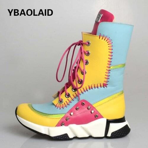 Cowhide Color Matching Stitching Round Head Thick-soled Rivet Cross Strap Wedge Stitching Purple Yellow Casual Sports Boots