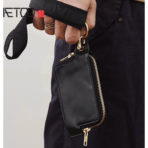 AETOO Double zipper design hanging neck document bag, vegetable tanned cowhide card case, key case, wallet