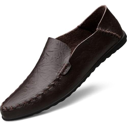 High Quality PU Leather Shoes for Men Comfortable Round Slip-on Casual Shoes for Men Handmade Sewing Soft Mens Driving Shoes