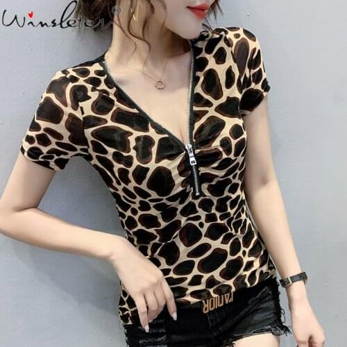 Summer Korean Clothes Mesh T-Shirt Fashion V-Neck Zipper Women Tops Short Sleeve Sexy Back Bottoming Shirt Tees New 2021 T13617A