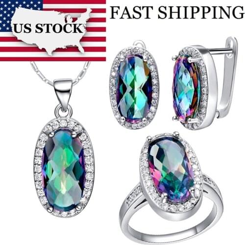 USA STOCK Uloveido Crystal Bridal Wedding Party Jewelry Sets Multicolor Earrings Pendant Necklace Cocktail Ring Gift 15% T482