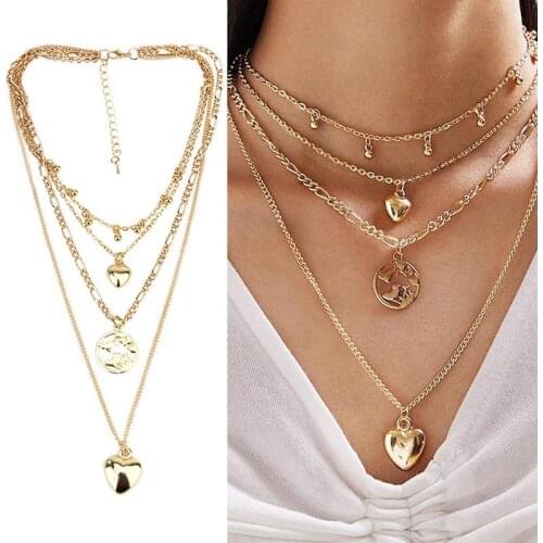 Vintage Multi-Layer Heart Layered Necklace Alloy Simple World Map Pendant Necklace Chain Necklace For Women Necklaces Jewelry