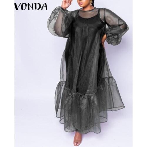 VONDA 2021 Women Long Sleeve See Through Dress Not With The Lining Dress Casual Long Lantern Sleeve Dresses Bohemian Vestidos