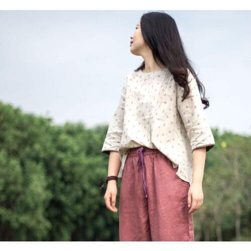 Women Spring Summer Cotton Linen Printed Blouse Tops Ladies Vintage Print Shirt Female 2021 Loose Irregular Shirt