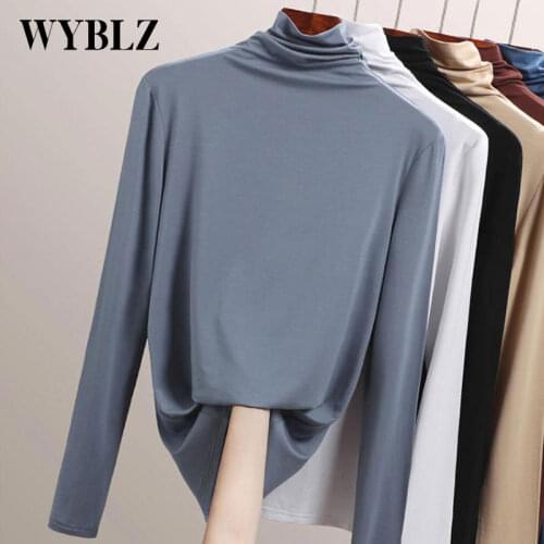 WYBLZ Autumn Winter Elegant Slim Tshirt Women 2021 Half High Collar Long Sleeve Top T Shirt Solid Simplicity Tee Shirt Fashion