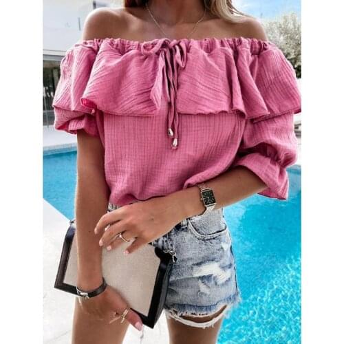 Lady Off Shoulder Sexy Ruffled One Word Collar Lace-Up Solid Mid-Sleeved Summer Casual T-Shirt Fashion WomenS Clothing 2021