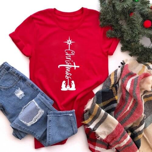 Cross Christmas Prayer T-shirt Women Religious Christmas Holiday Gift Tshirt Winter Short Sleeve Jesus Graphic Faith Top Tee