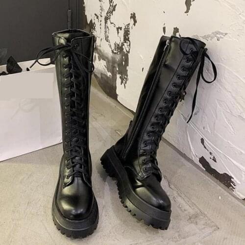 Chunky Platform Pu Leather Knee High Boots Women Punk Increasing Long Woman Lace Up Booties Mujer 2021 Zip Chelsea Women Shoes