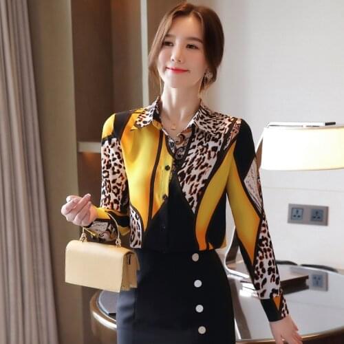 Womens Chiffon Blouses Leopard Print Long Sleeve Top Autumn Fashion Womens Tops and Blouses