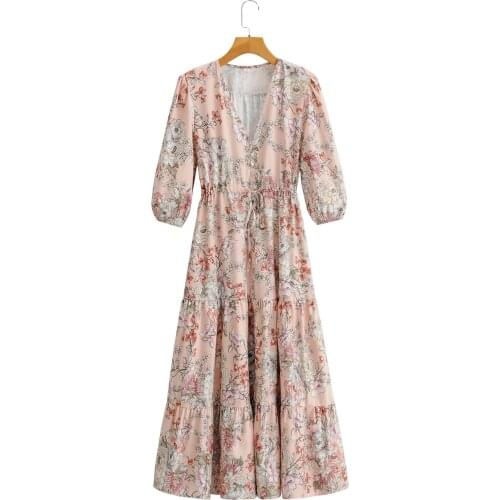 Bohemian Floral Printed Maxi Dresses for Women 2021 Summer Boho V-neck Long Sleeve Vintage Dress Robe Longue Femme
